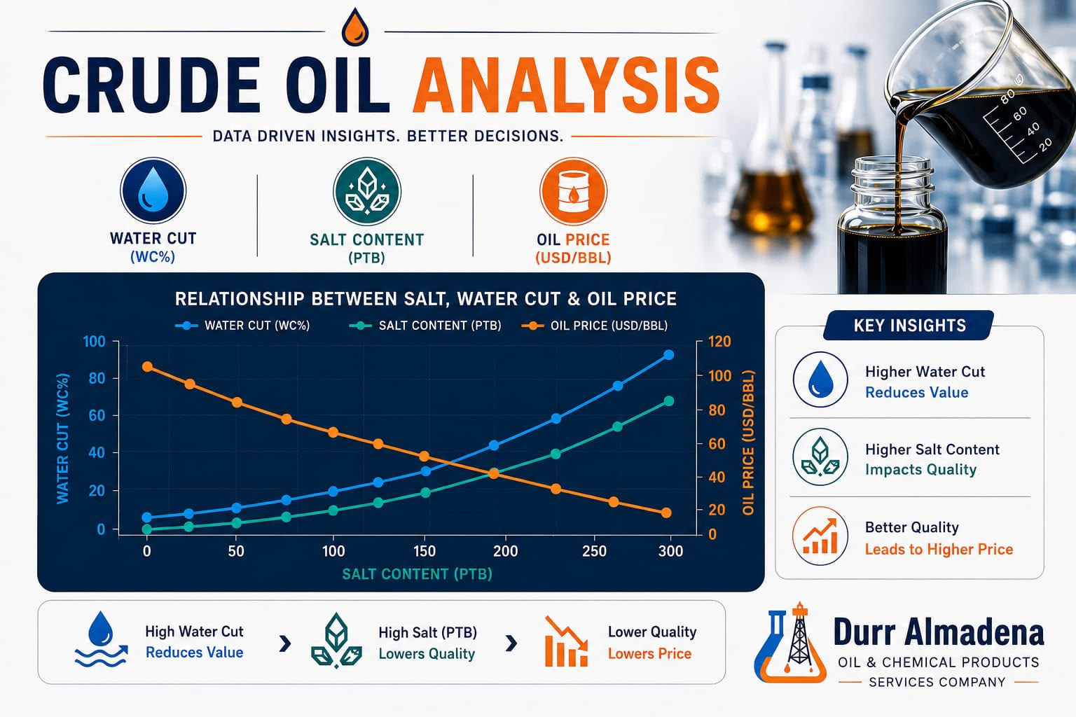 Crude oil analysis — relationship between salt content, water cut and oil price